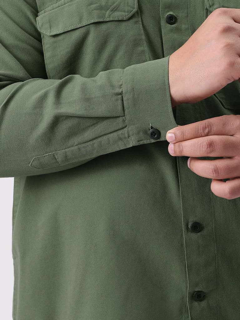 Plus Men's Green Cotton Full Sleeve Relaxed Fit Shacket with Utility Pockets — photo 6