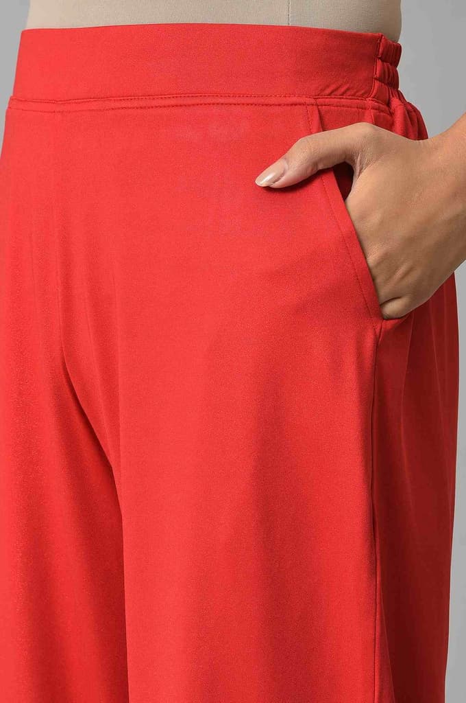 Red Solid Straight Fit Palazzo With Side Pockets — photo 7