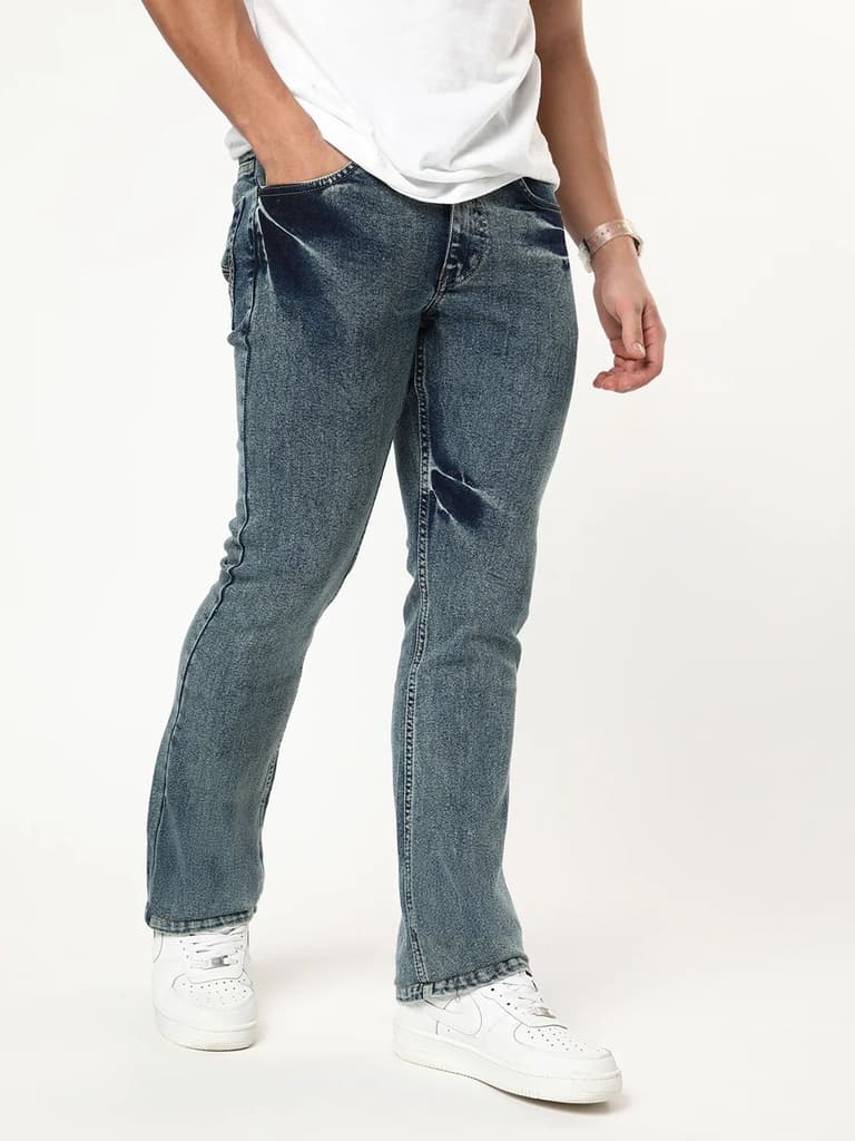 Men's Light Blue Bootcut Fit Mid Rise Acid Wash Jeans Stretchable — photo 2