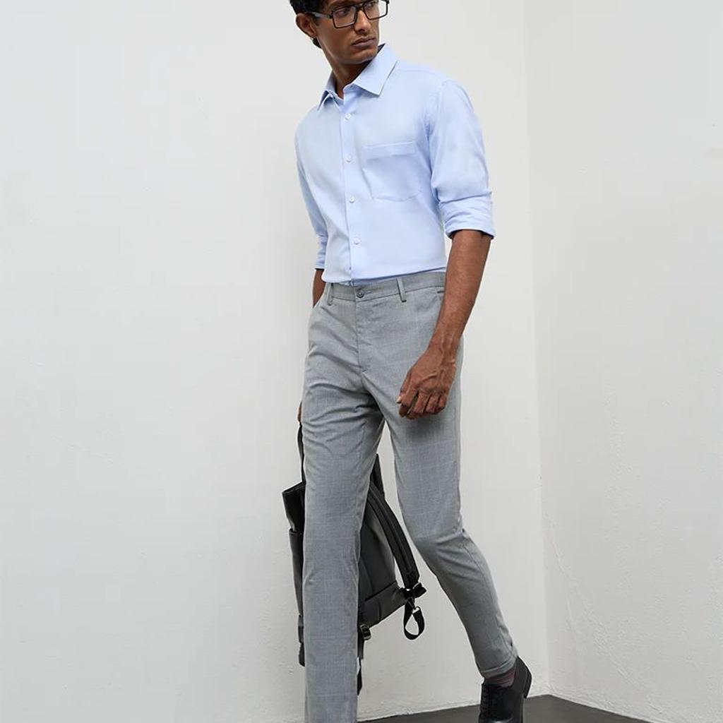 WES Formals Grey Checkered Slim-Fit Mid-Rise Trousers