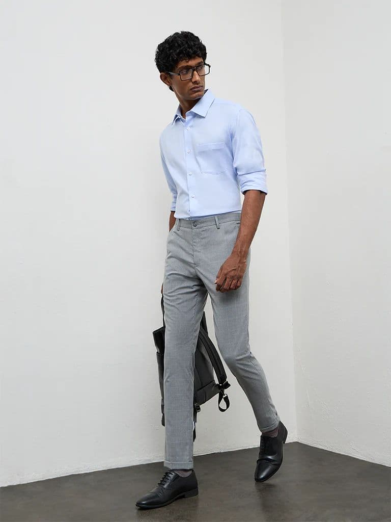 WES Formals Grey Checkered Slim-Fit Mid-Rise Trousers