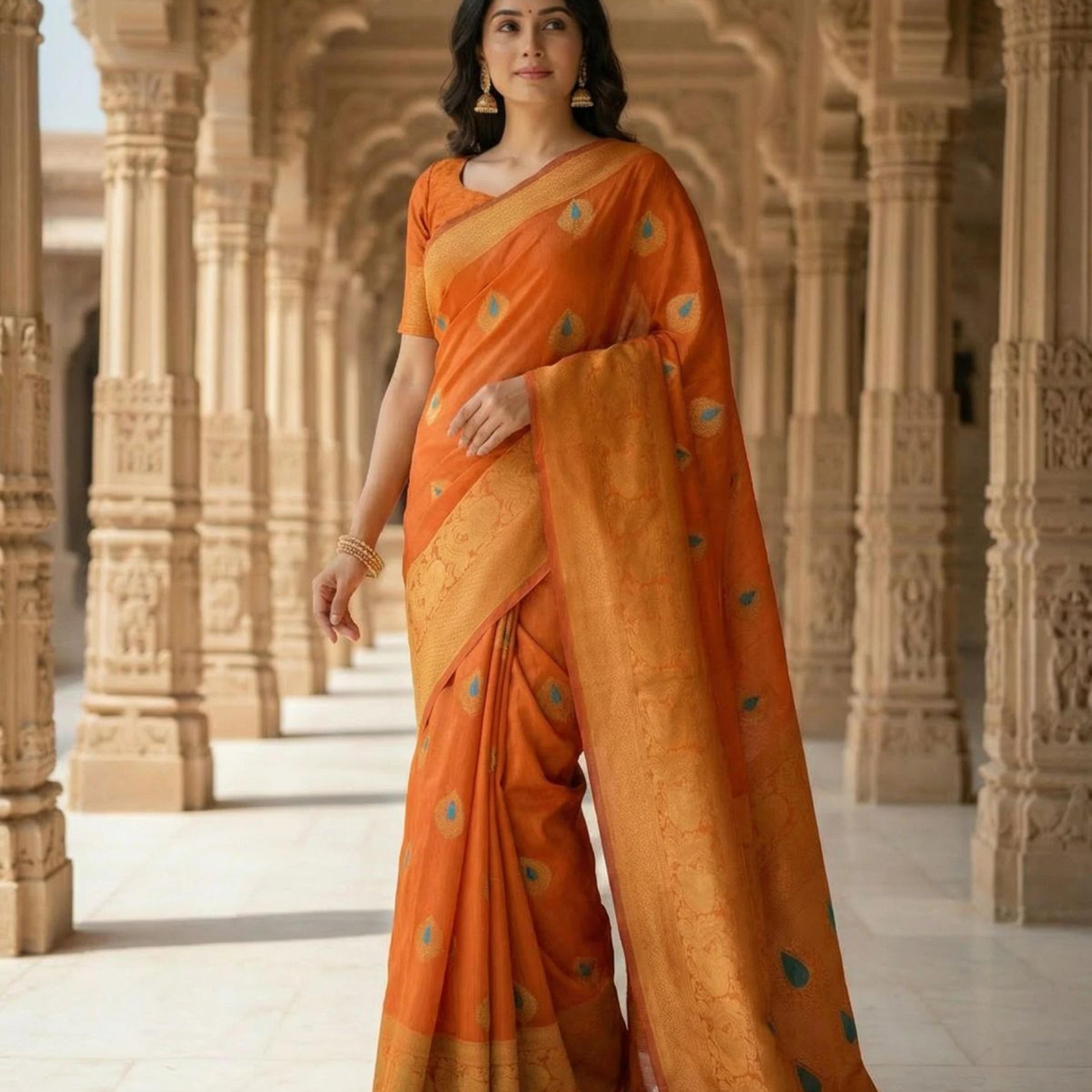 MIMOSA Women's Woven Design Banarasi Style dola silk Saree with Blouse Piece - Rust ( SA00003137RSFREE )