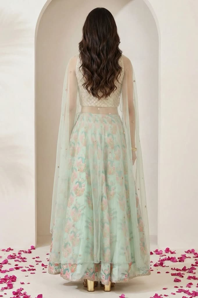 Sea Green Embroidered Blouse with Printed Flared Skirt and Embroidered Jacket Set — photo 4