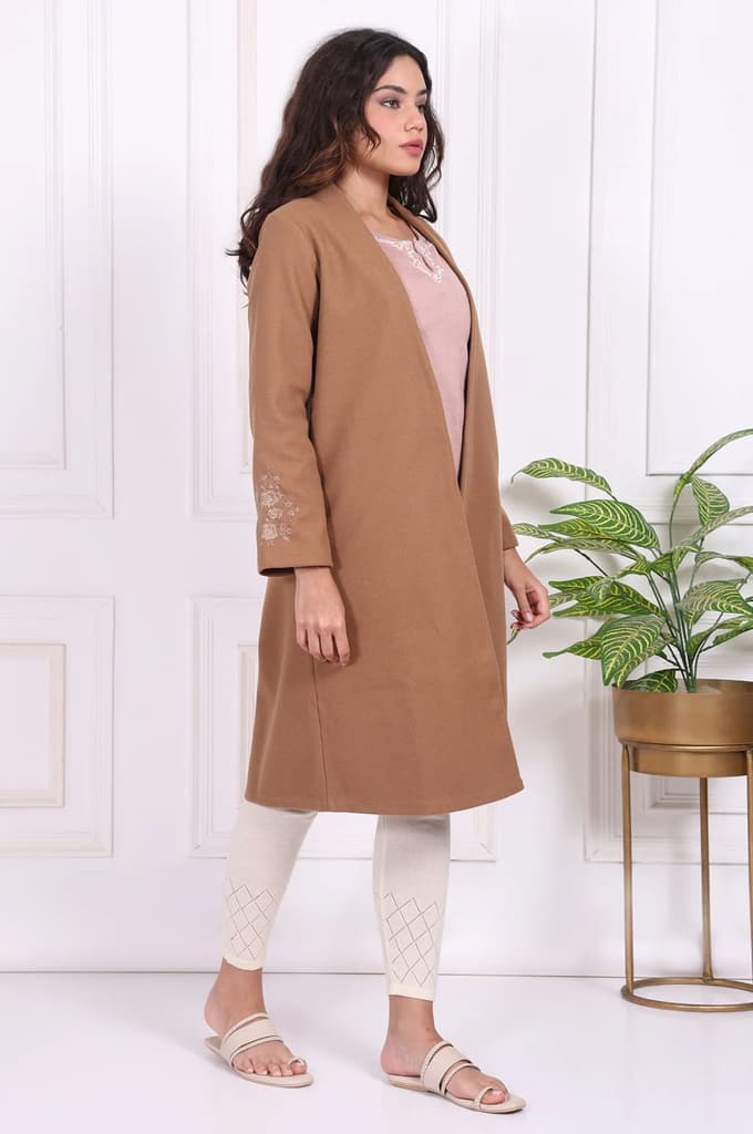 Camel Brown Embroidered Straight Woven Coat — photo 6