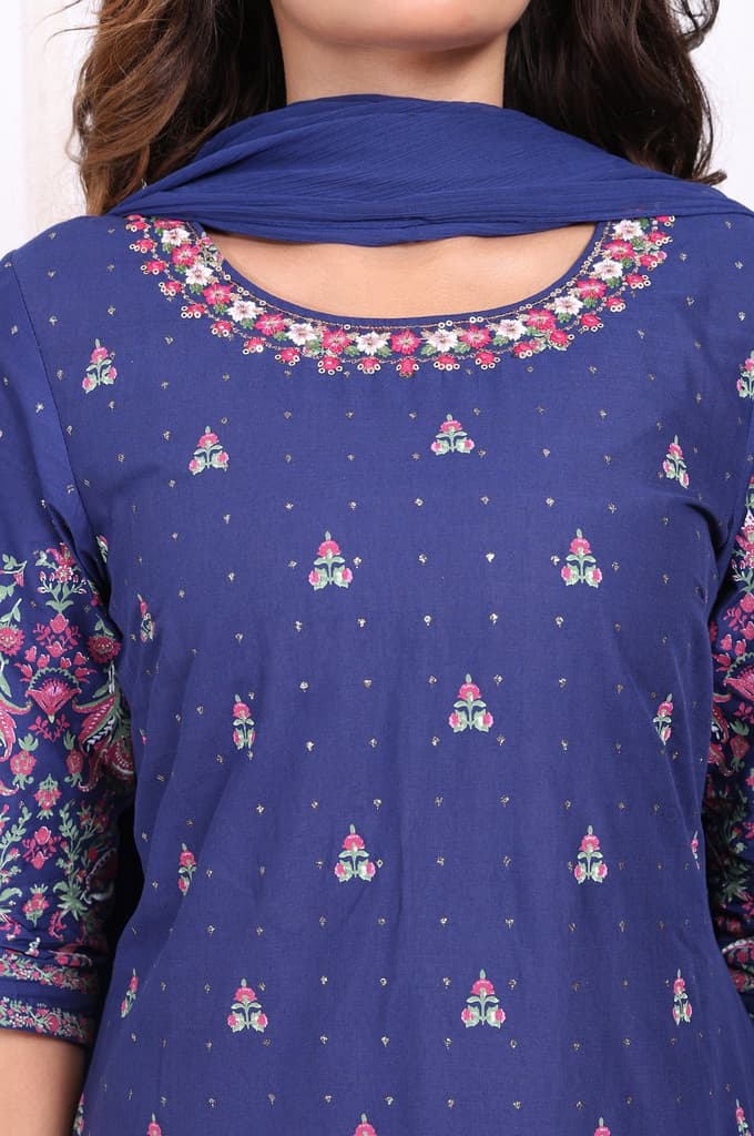 Blue Floral Printed Embroidered Straight Cotton Kurta with Sharara and Dupatta Set — photo 3
