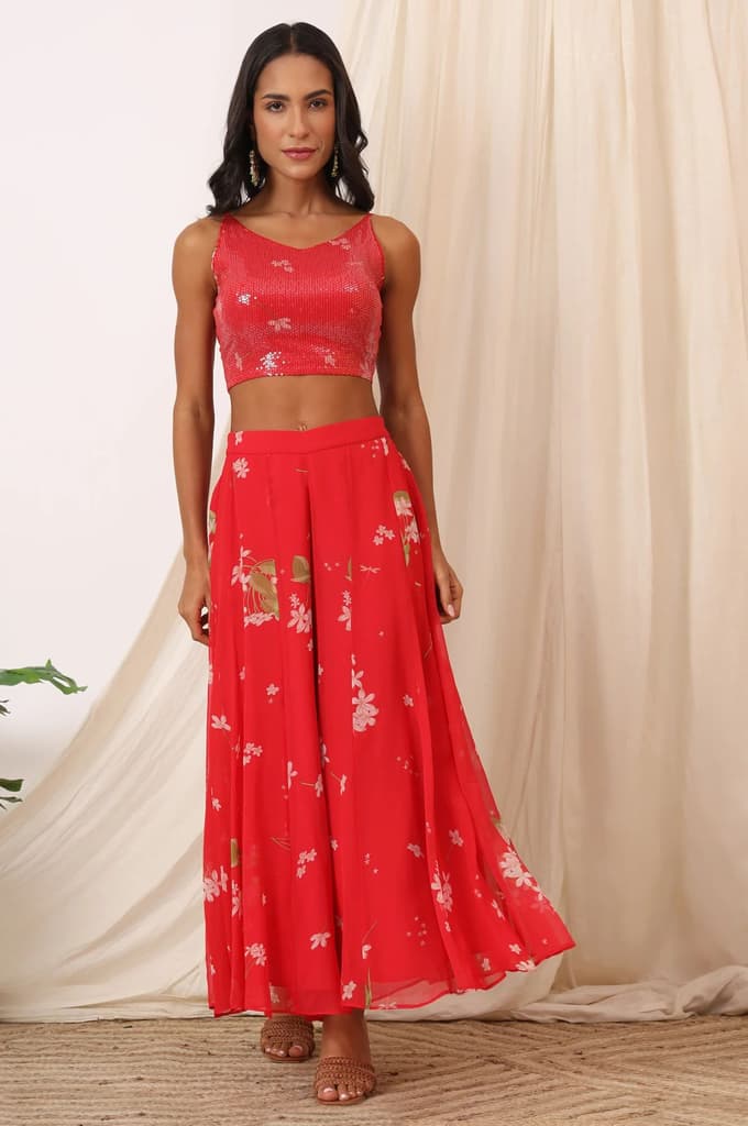 Red Floral Printed Chiffon Jacket, Crop Top and Culottes Set — photo 8