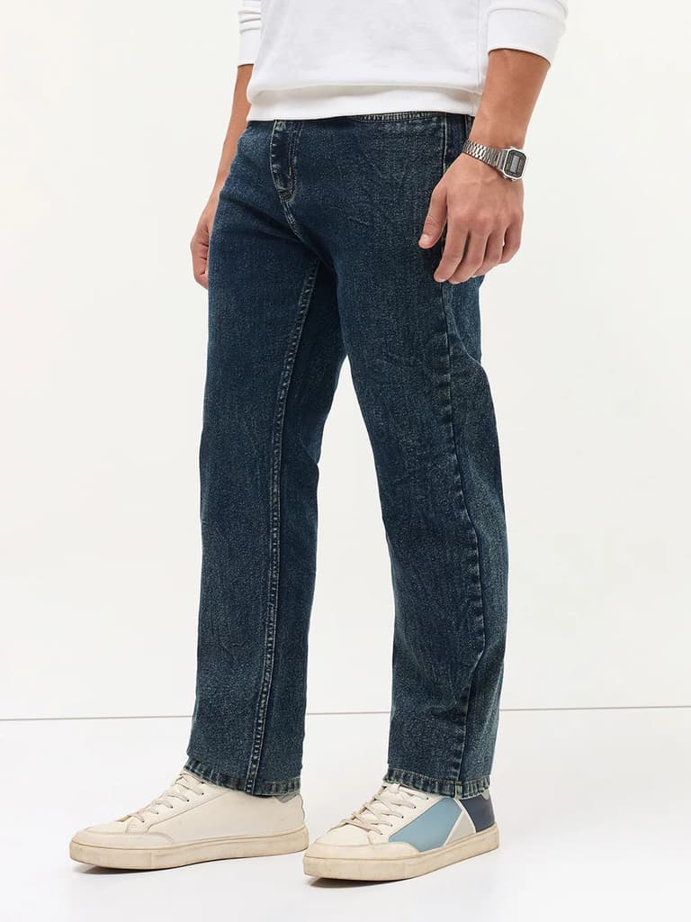 Men's Dark Blue Regular Fit Towel Washed Yellow Tint Denim Jeans Stretchable — photo 3