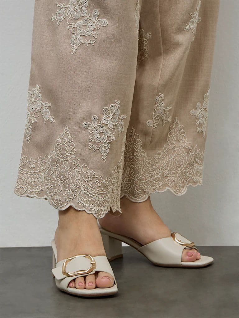 Diza Beige Floral Embroidered Pants — photo 3