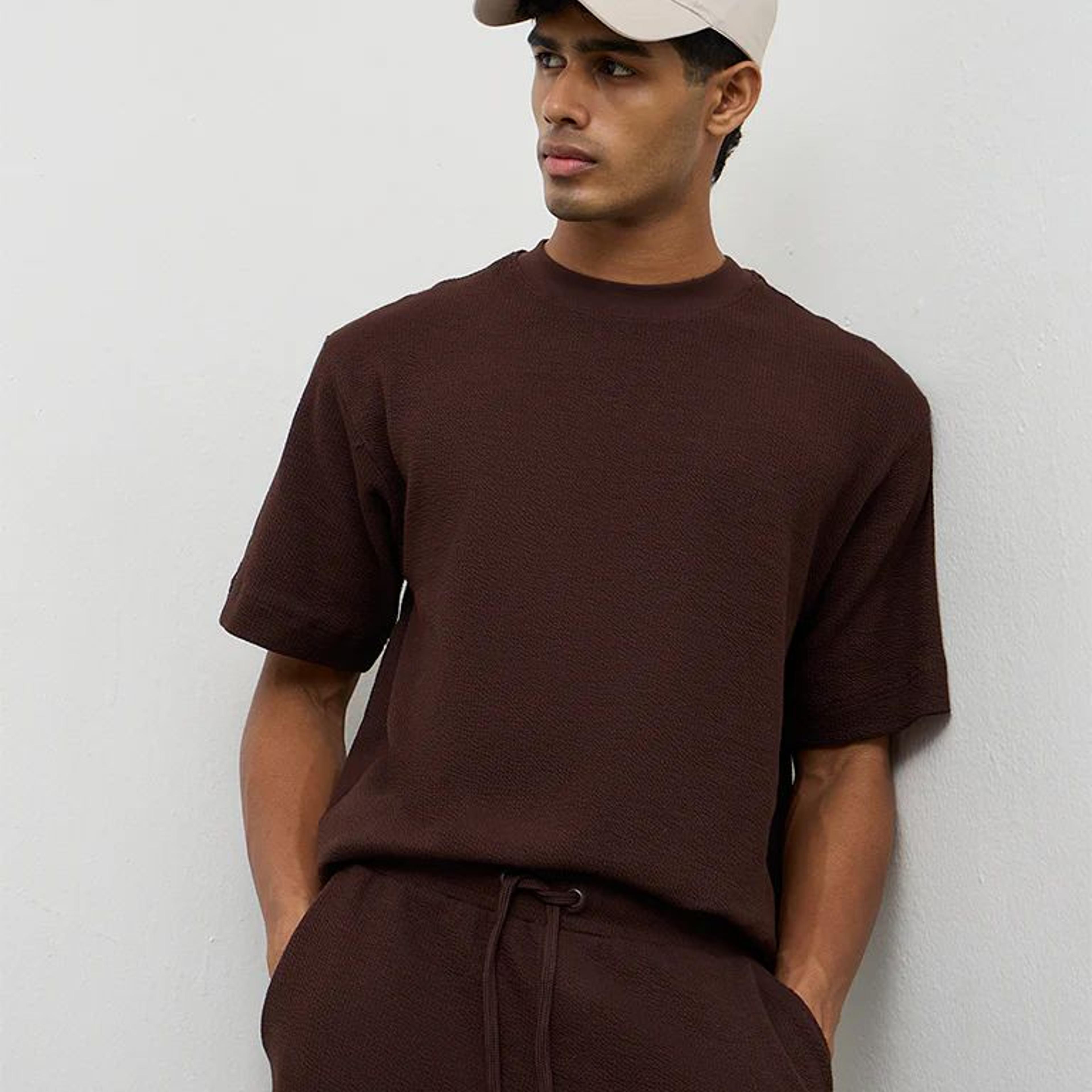 Nuoflexx Dark Brown Textured Relaxed-Fit Cotton-Blend T-Shirt
