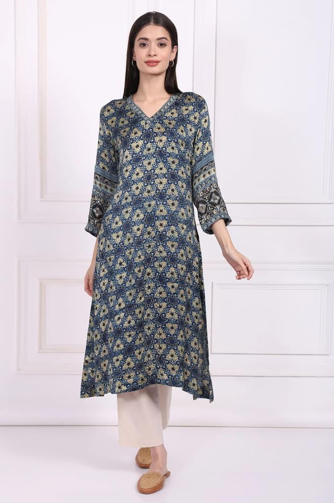 Blue Floral Printed Thread Embroidered Modal Satin Straight Kurta — photo 2