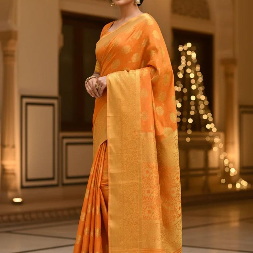 MIMOSA Women's Woven Design Kanjivaram Style Art Silk Saree with Blouse Piece - Gold ( SA00003142GDFREE )