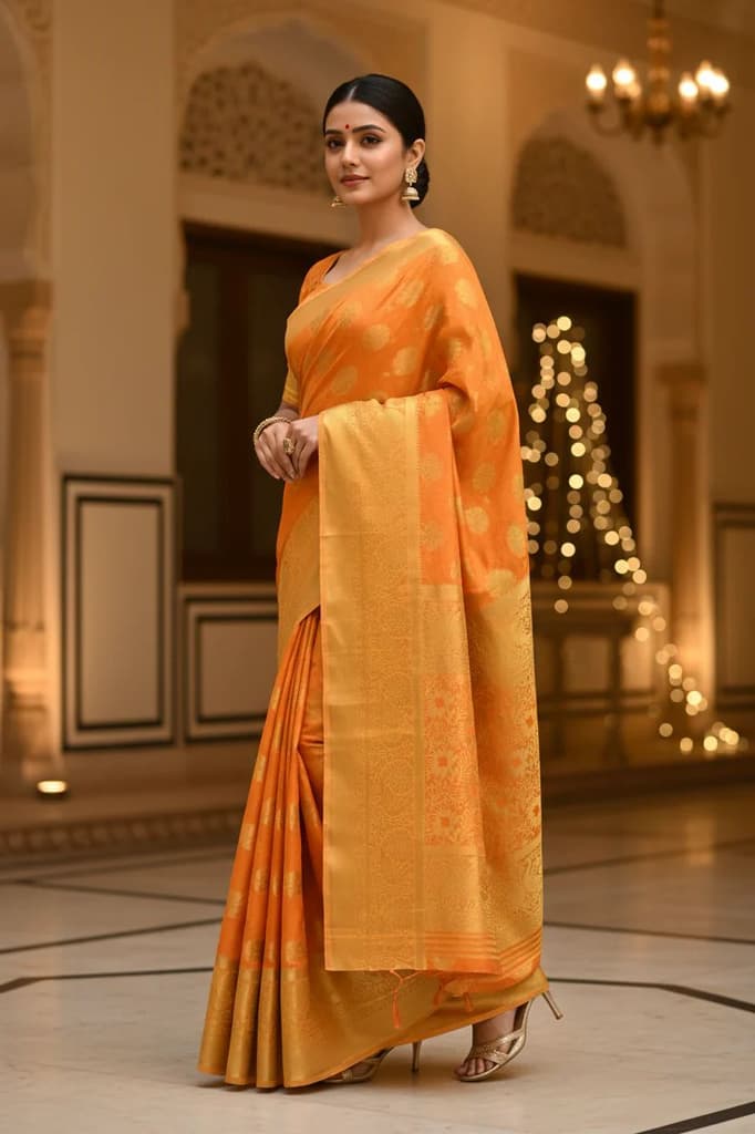 MIMOSA Women's Woven Design Kanjivaram Style Art Silk Saree with Blouse Piece - Gold ( SA00003142GDFREE ) — Default Title