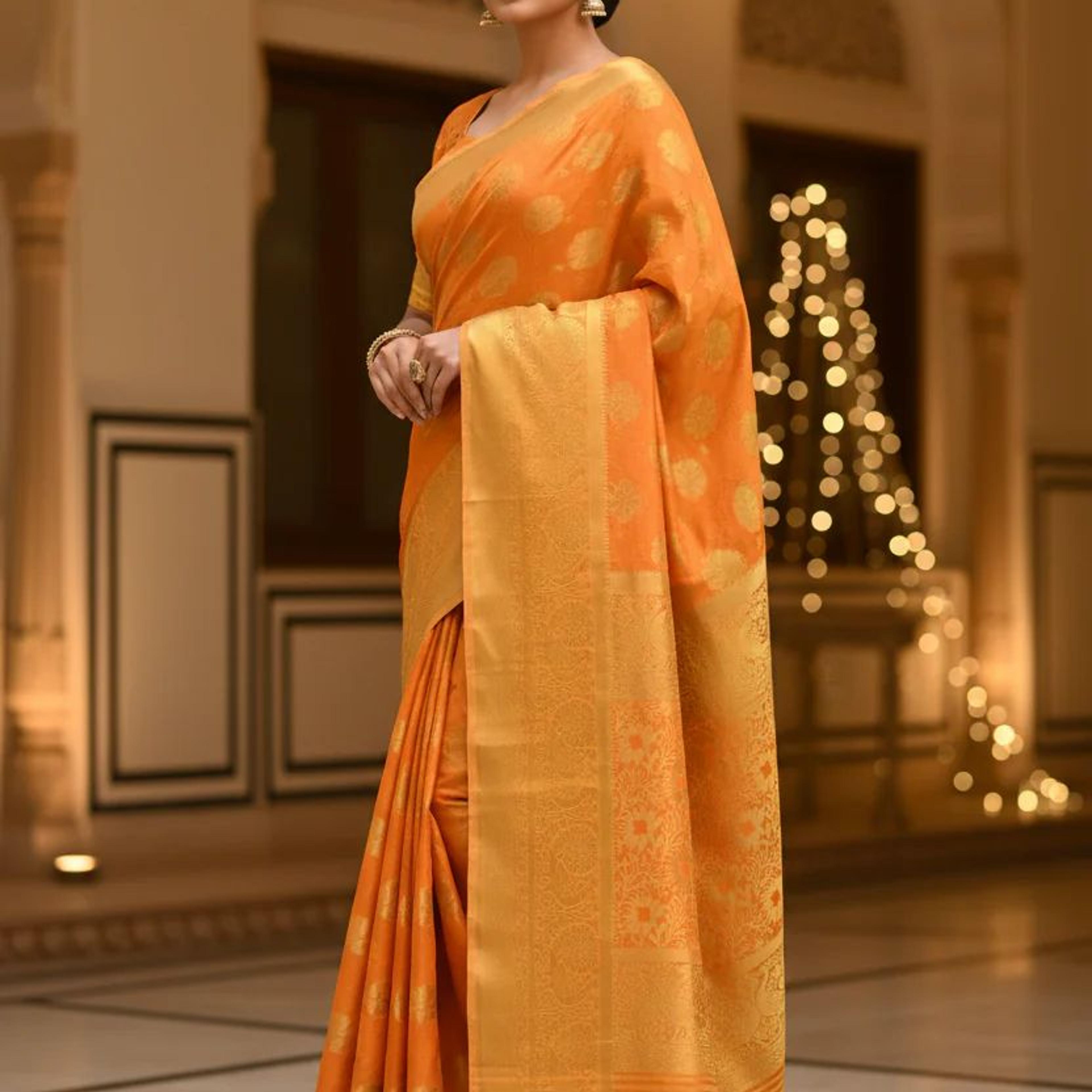 MIMOSA Women's Woven Design Kanjivaram Style Art Silk Saree with Blouse Piece - Gold ( SA00003142GDFREE )