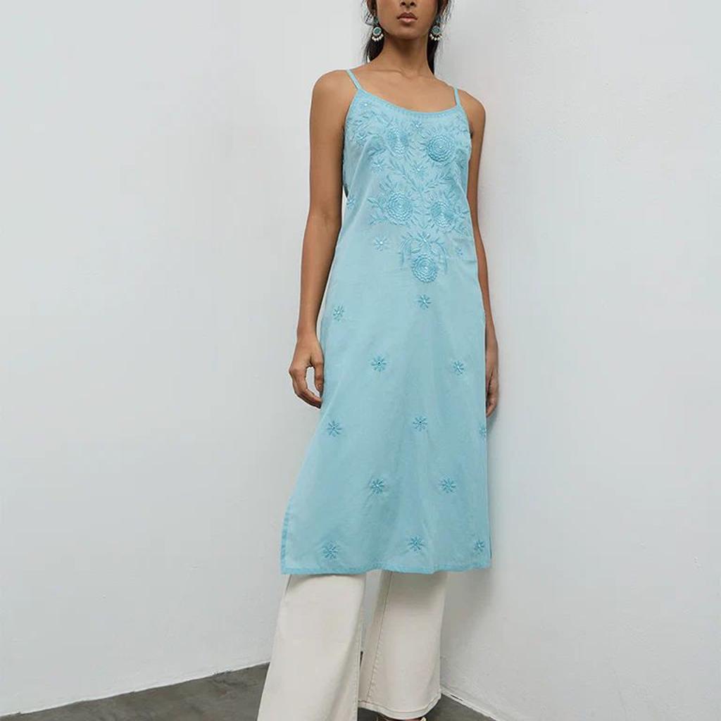 Utsa Turquoise Floral Embroidered A-Line Cotton Kurta