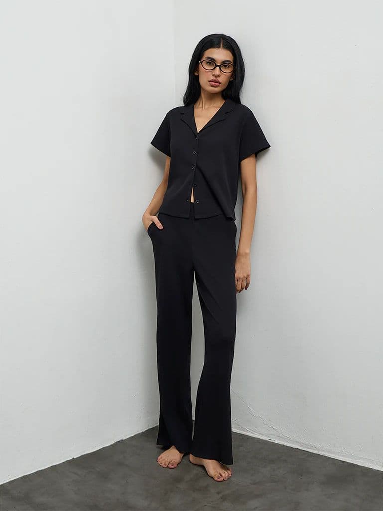 Superstar Black Waffle-Textured High-Rise Pants