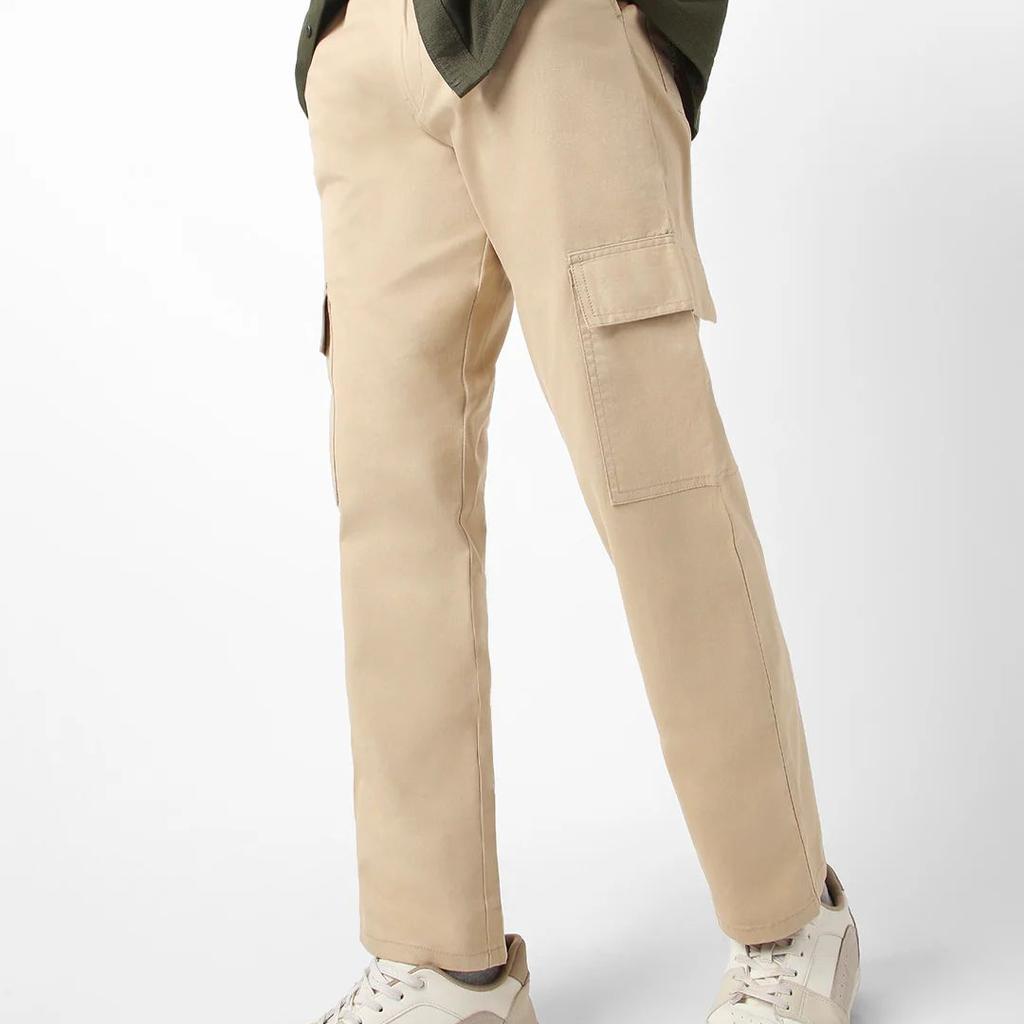 Men's Beige Regular Fit Solid Cargo Chino Pant with 6 Pockets Stretchable