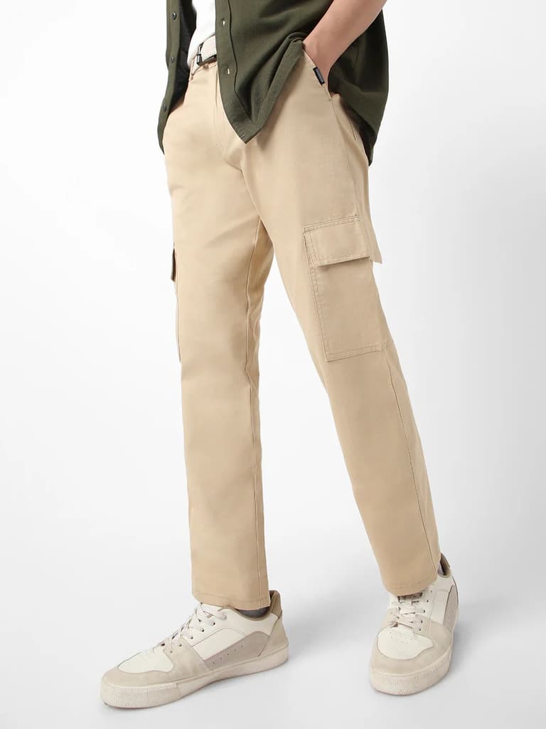 Men's Beige Regular Fit Solid Cargo Chino Pant with 6 Pockets Stretchable — 28 / Beige