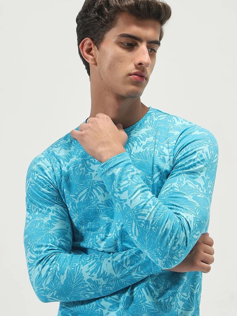 Men's Aqua Blue Printed Full Sleeve Slim Fit Cotton T-Shirt — photo 6