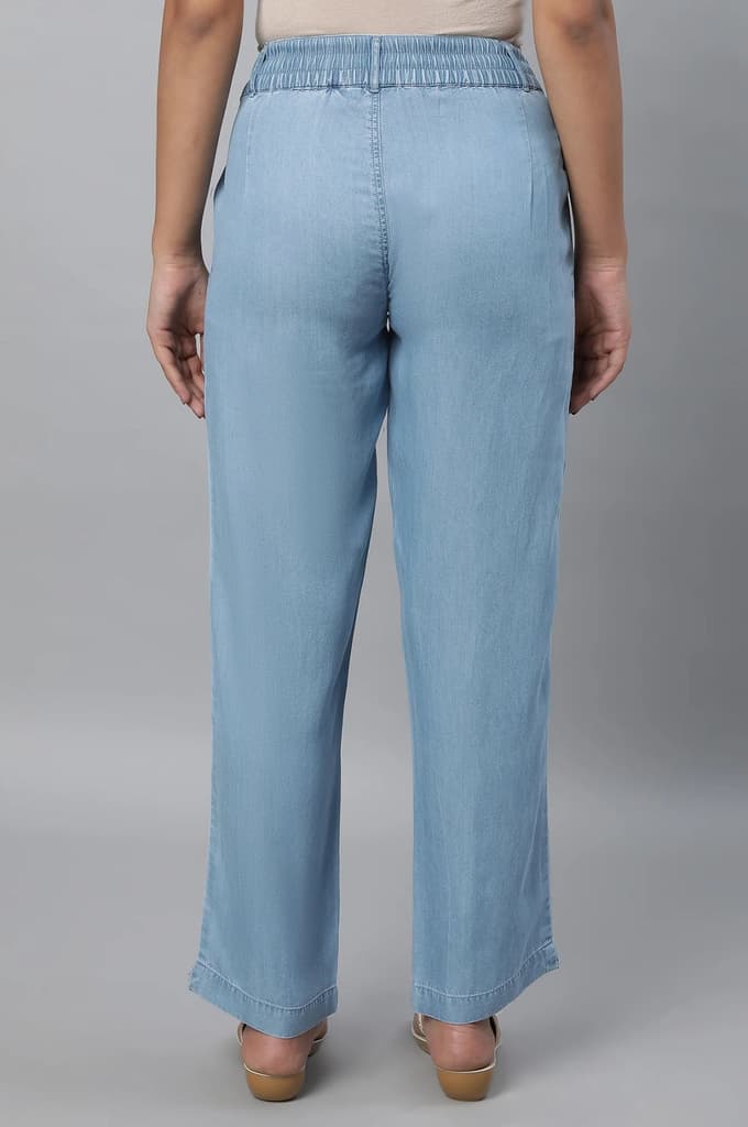 Light Blue Solid Straight Fit Denim Palazzo With Pleated Detail — photo 2