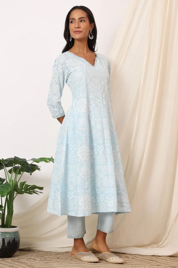 Sky Blue Printed Pure Cotton Anarkali Kurta, Pants and Dupatta Set — photo 7