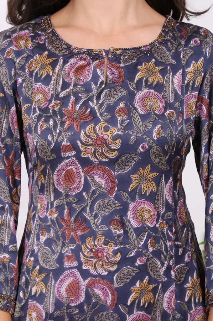 Navy Blue Floral Printed Beadwork Modal Satin A-line Kurta — photo 3