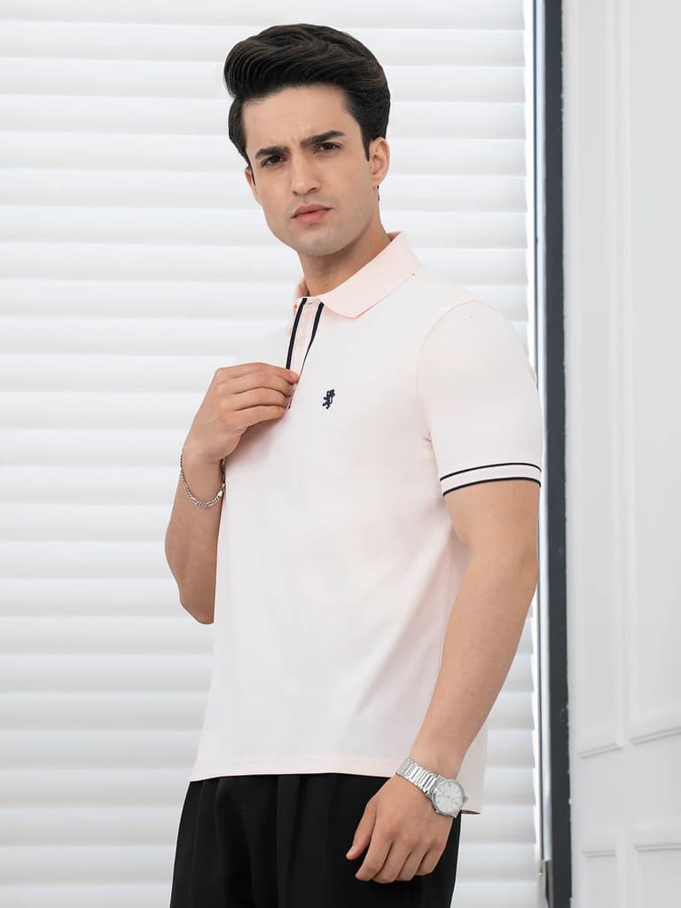 T Shirts for Men in Pastel Pink | Jacquard Placket Polo T Shirt — photo 4