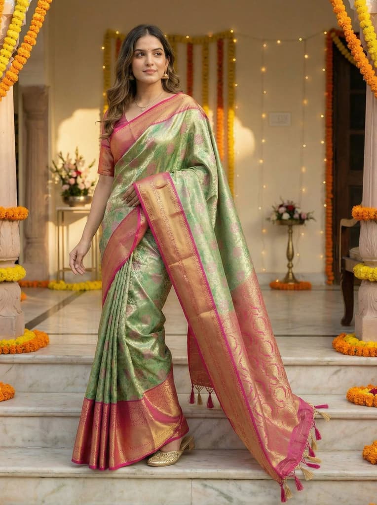 MIMOSA Women's Woven Design Kanjivaram Style Tissue Art Silk Saree with Blouse Piece - Green ( SA00002922GRNFREE ) — photo 2