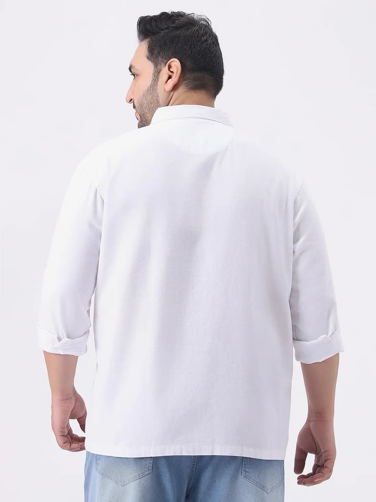 Plus Men's White Cotton Full Sleeve Relaxed Fit Shacket with Utility Pockets — photo 3