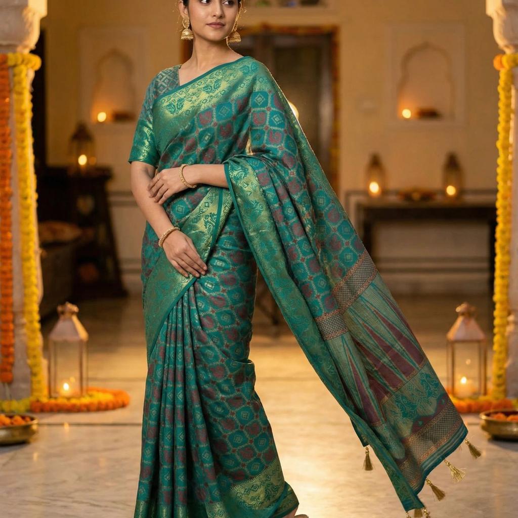 MIMOSA Women's Woven Design Patola Style Raw Silk Saree with Blouse Piece - Rama ( SA00003139RMFREE )