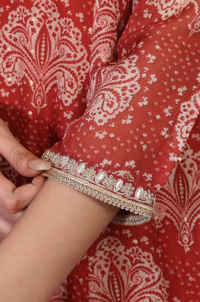 Red Ethnic Motifs Printed Embellished Anarkali Organza Kurta with Straight Pant and Dupatta Set — photo 9