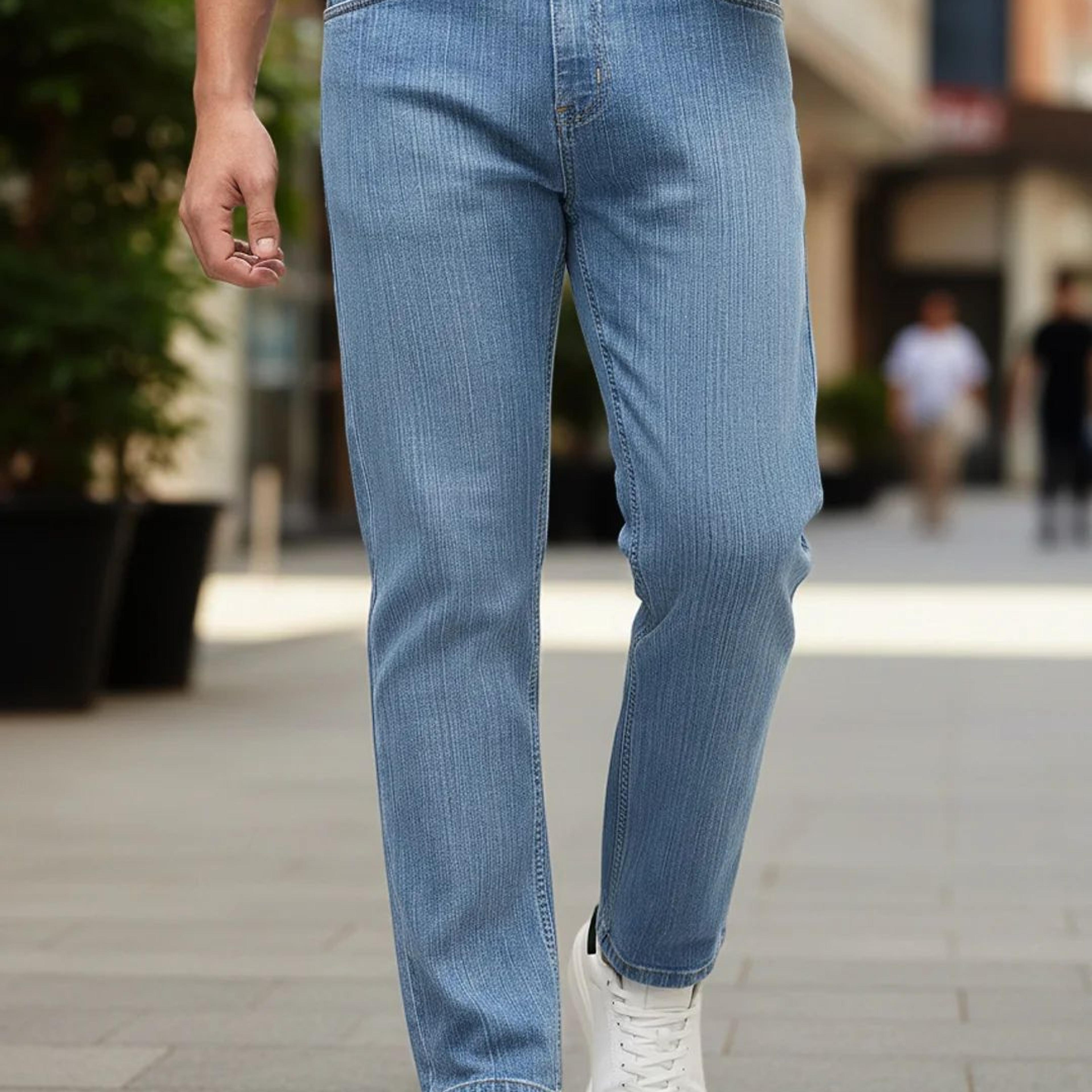 Men's Light Blue Straight Fit Washed Denim Jeans Stretchable
