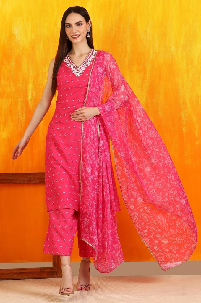 Pink Embroidered Shantung Sleeveless Kurta, Cropped Pants and Dupatta Set — photo 2