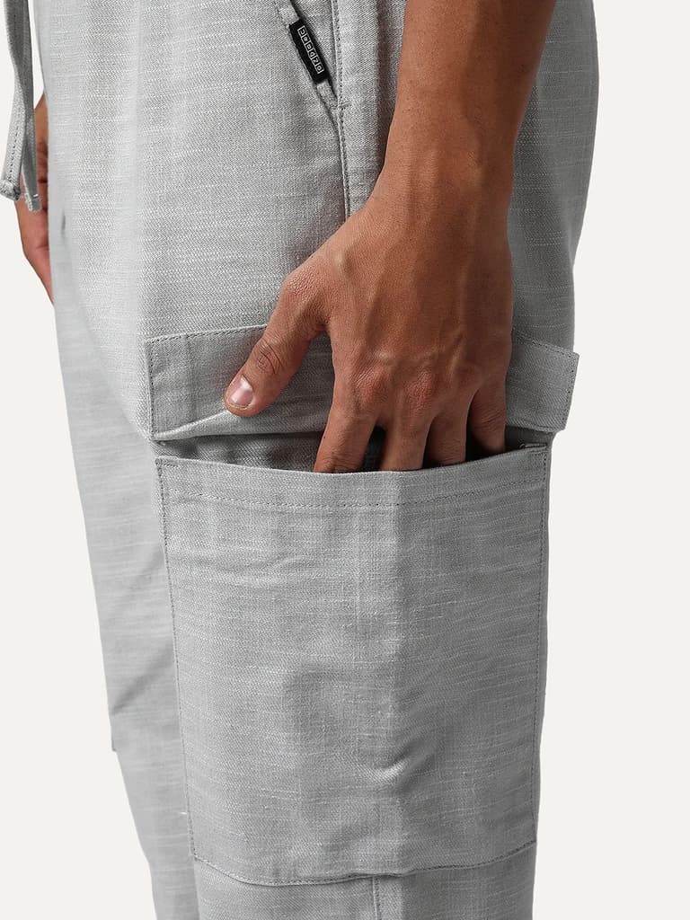 Men's Light Grey Straight Fit Linen Cargo Pants with 6 Pockets — photo 6