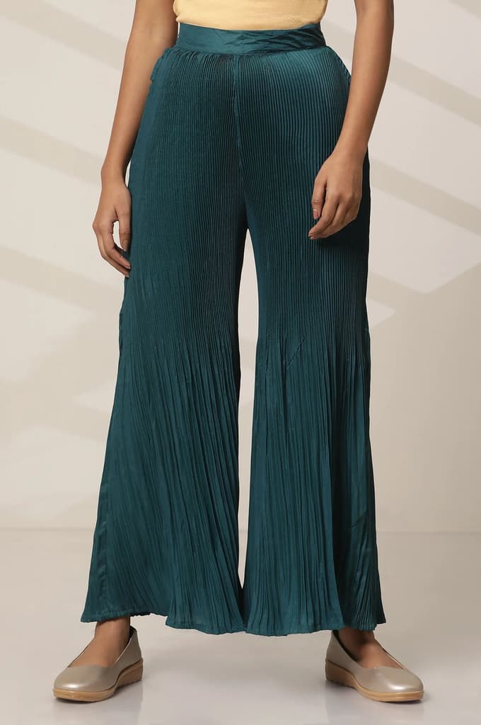 Teal Solid Flared Woven Sharara With Pleats — photo 2