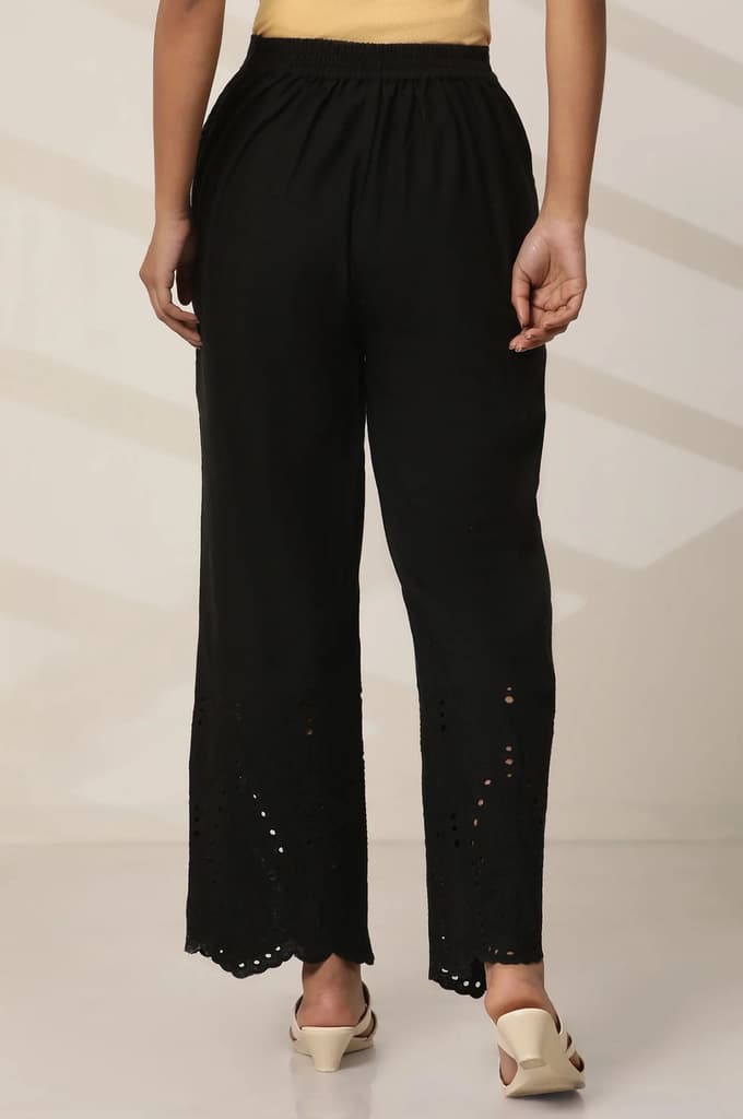 Black Embroidered Semi Flared Cotton Palazzo With Side Pockets — photo 3