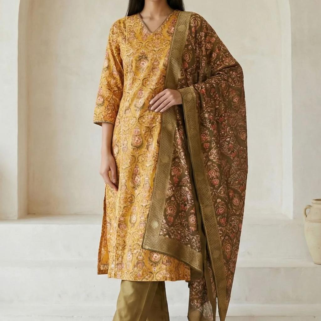 Yellow Floral Printed Zari Work Shantung Straight Kurta with Pants and Dupatta Set