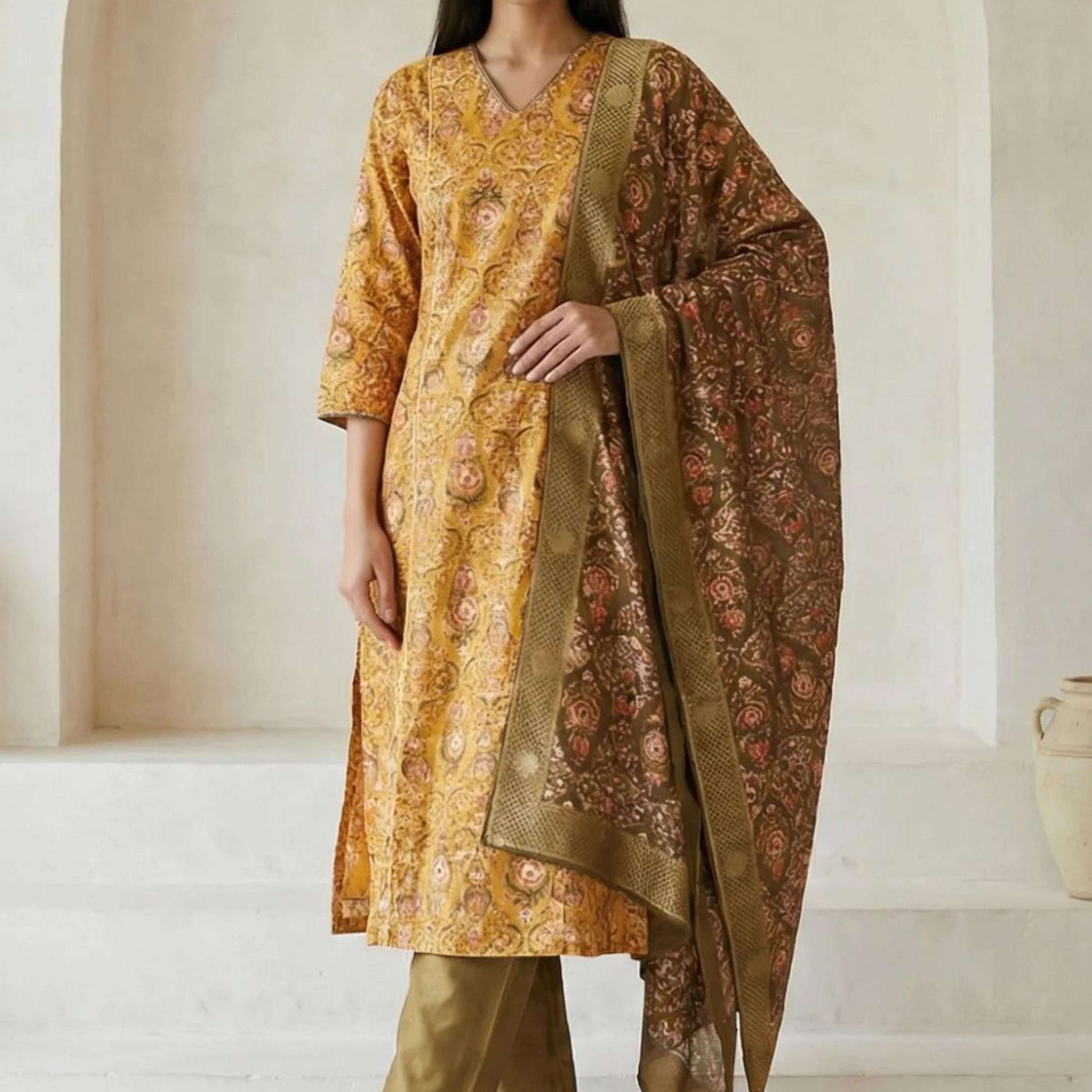 Yellow Floral Printed Zari Work Shantung Straight Kurta with Pants and Dupatta Set
