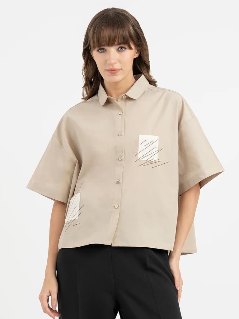 Shirts for Women in Dusty Olive | Embroidered 3/4th Sleeve Shirt — XS/S / Dusty Olive