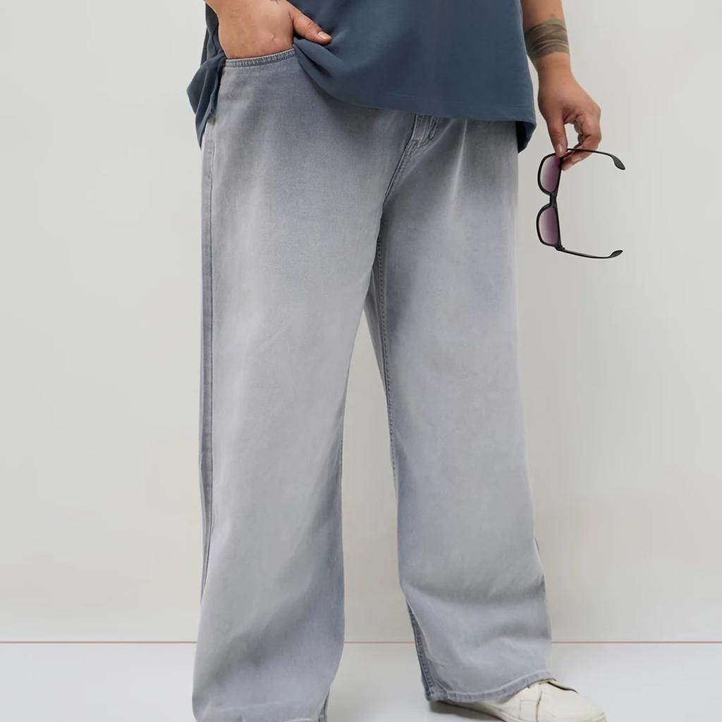 Plus Men's Light Grey Loose Baggy Fit Heavy Washed Faded Denim Jeans Non-Stretchable