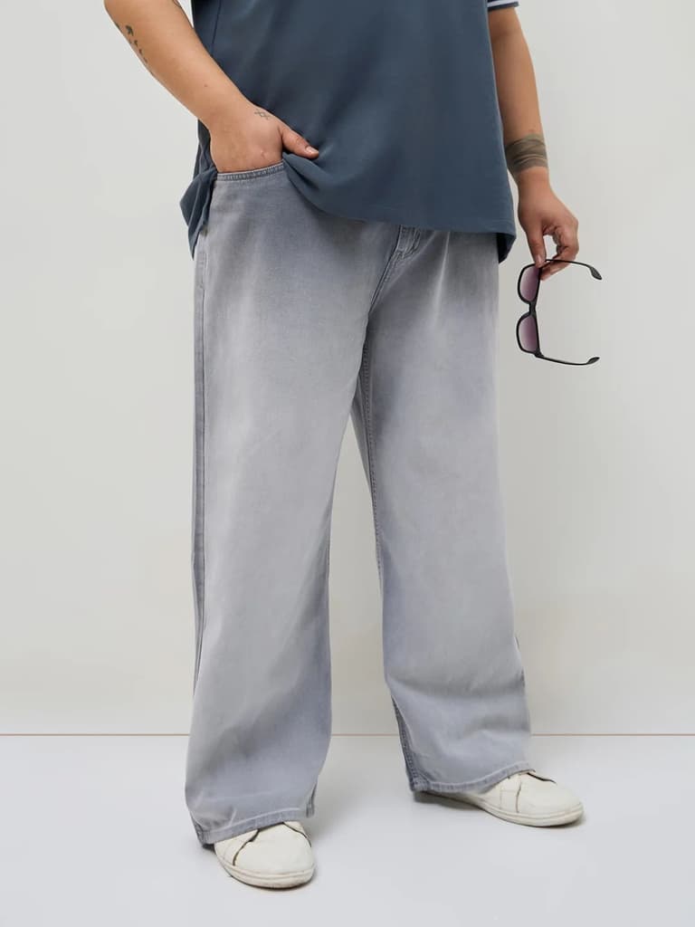 Plus Men's Light Grey Loose Baggy Fit Heavy Washed Faded Denim Jeans Non-Stretchable — 36 / Light Grey