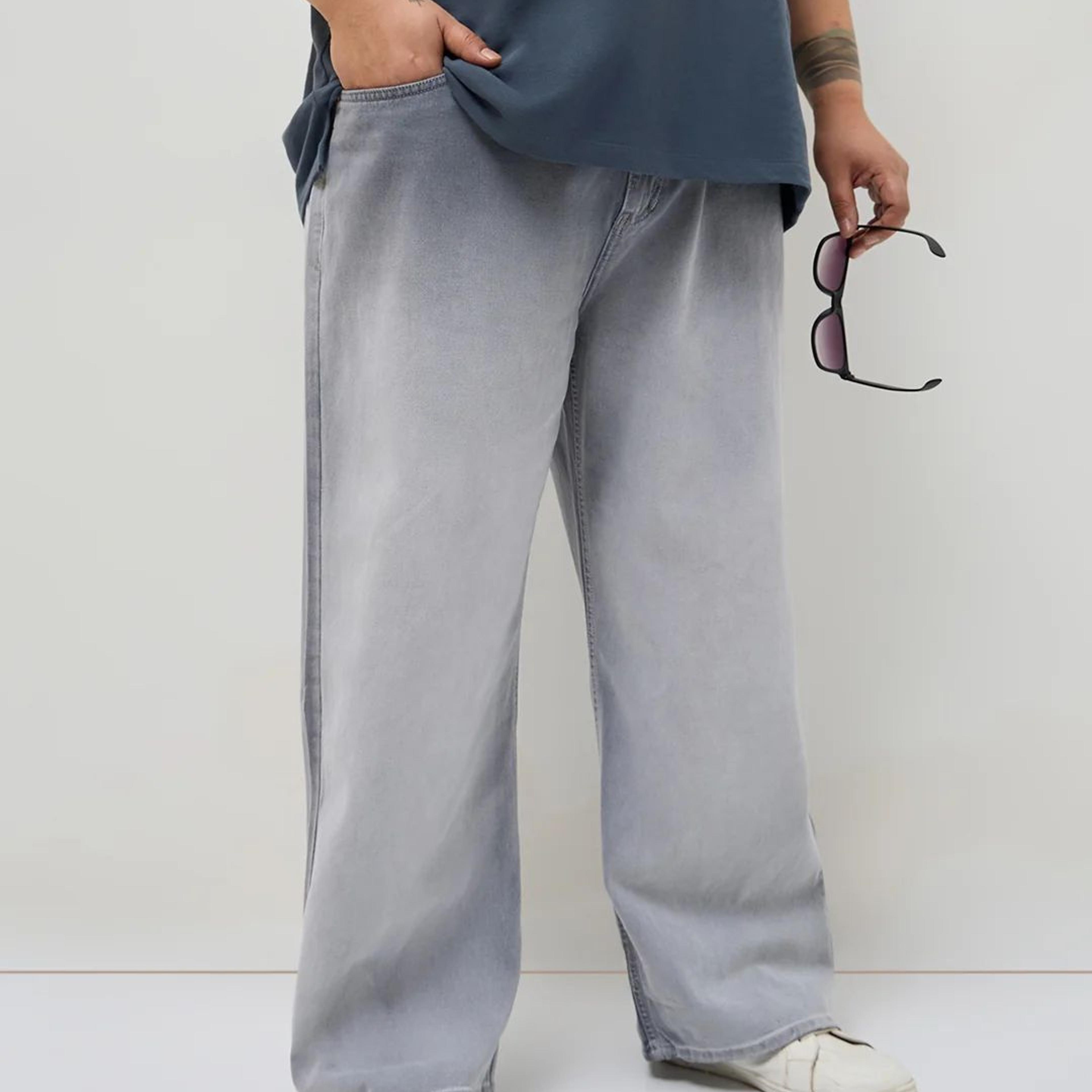 Plus Men's Light Grey Loose Baggy Fit Heavy Washed Faded Denim Jeans Non-Stretchable