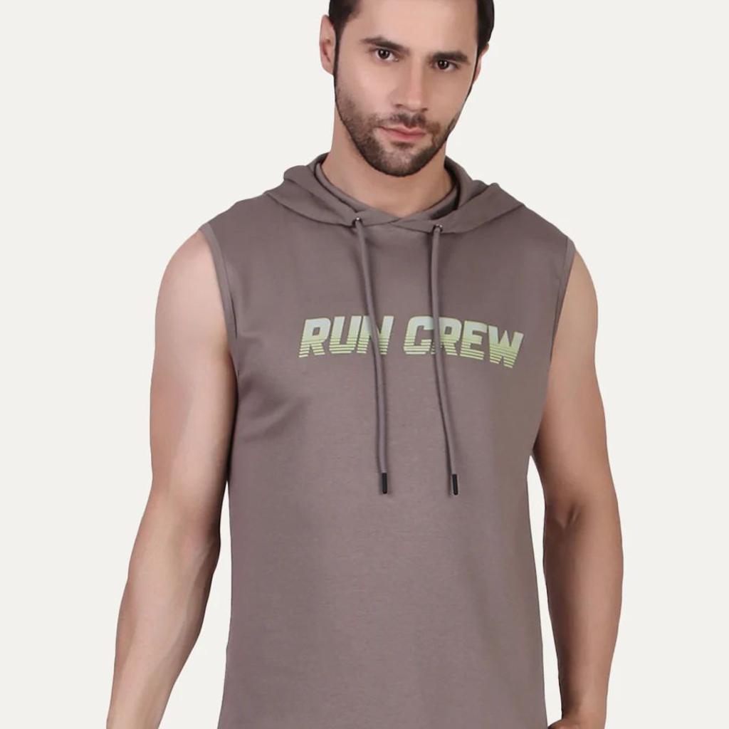 Khaki Printed Sleeveless Hoodie