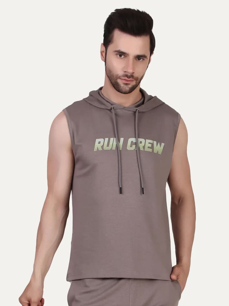 Khaki Printed Sleeveless Hoodie — Vintage Khaki / S
