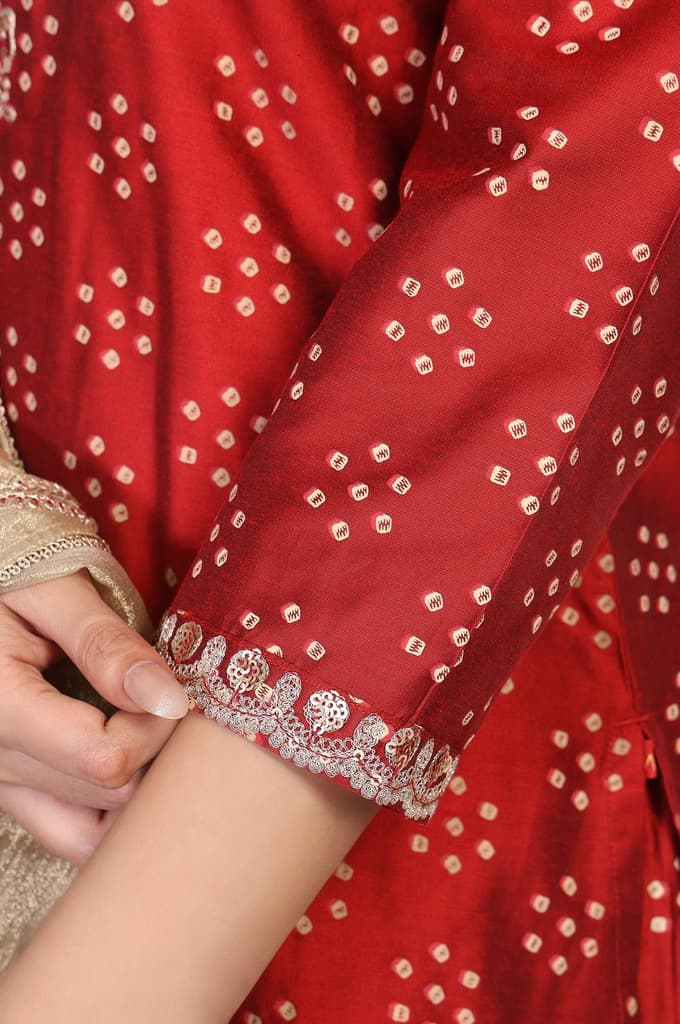 Red Embroidered Straight Art Silk Kurta with Sharara and Dupatta Set — photo 8