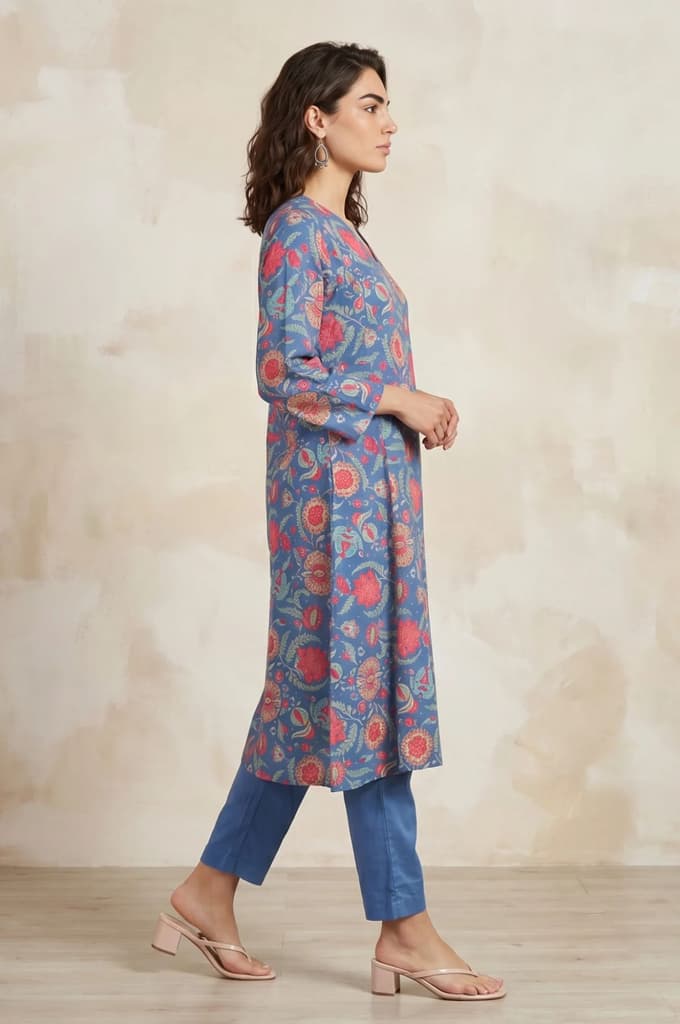 Blue Floral Printed Pure Cotton Straight Kurta — photo 6