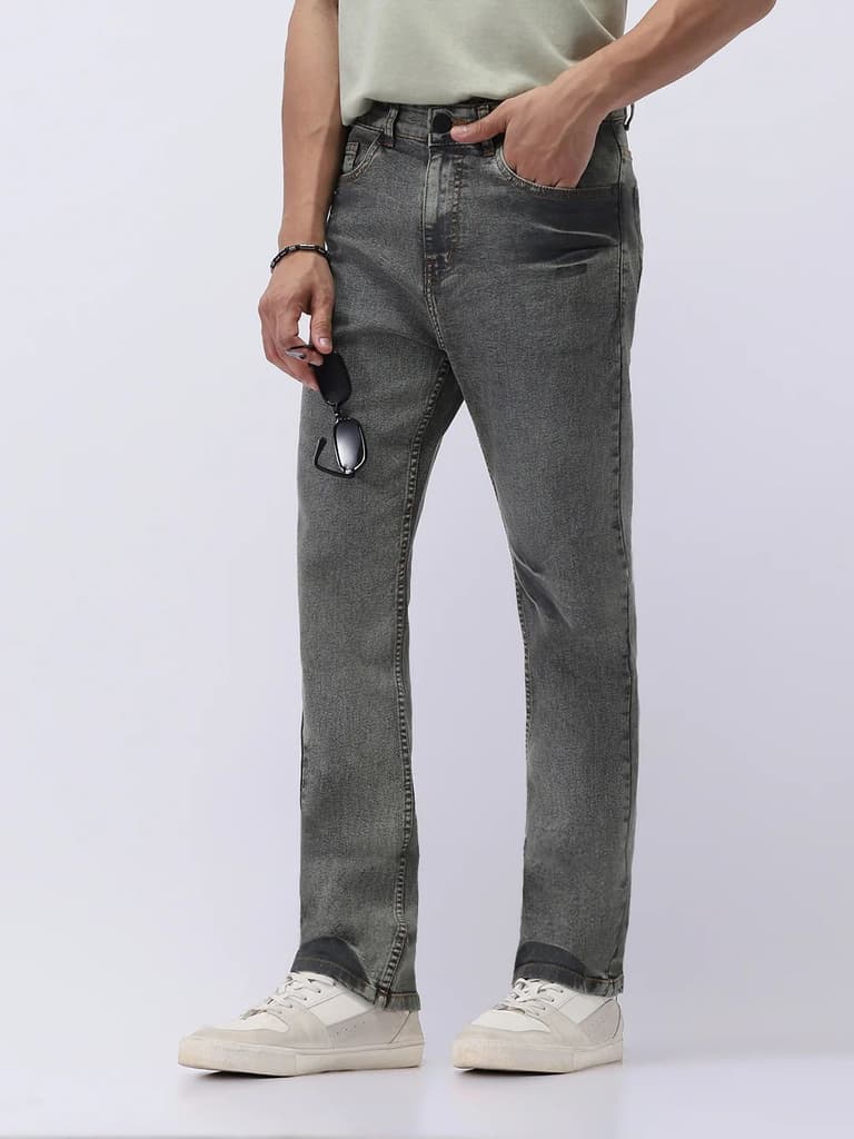 Men's Light Grey Straight Fit Heavy Washed Jeans Stretchable — photo 2