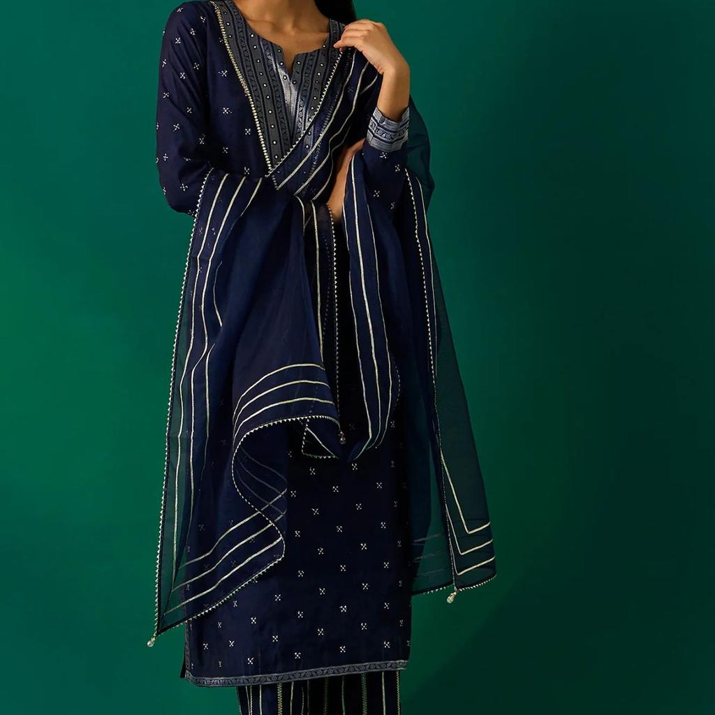 Navy Blue Embroidered Straight Kurta with Straight Pant and Dupatta Set