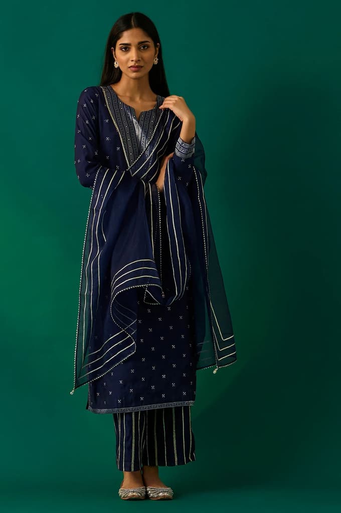 Navy Blue Embroidered Straight Kurta with Straight Pant and Dupatta Set
