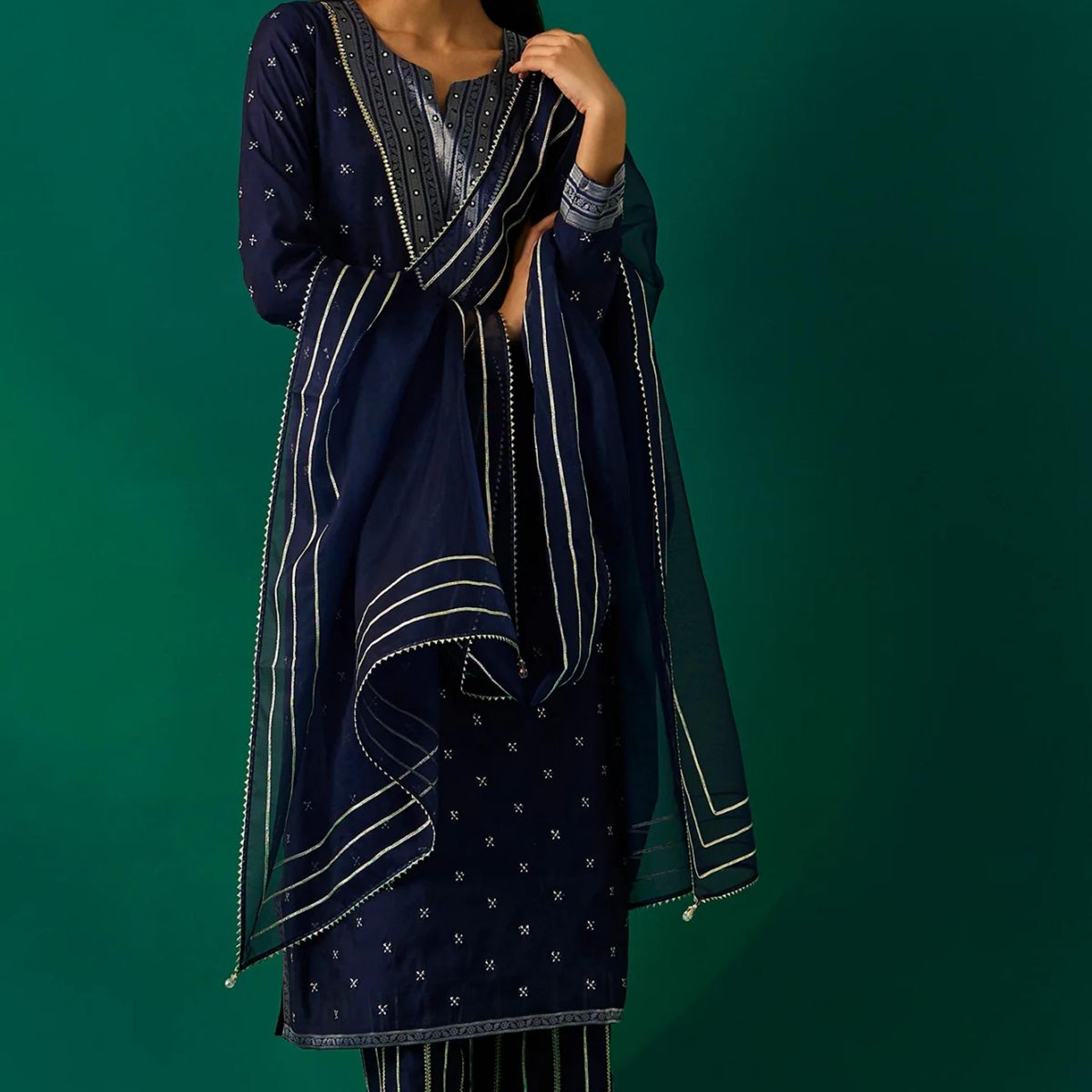 Navy Blue Embroidered Straight Kurta with Straight Pant and Dupatta Set