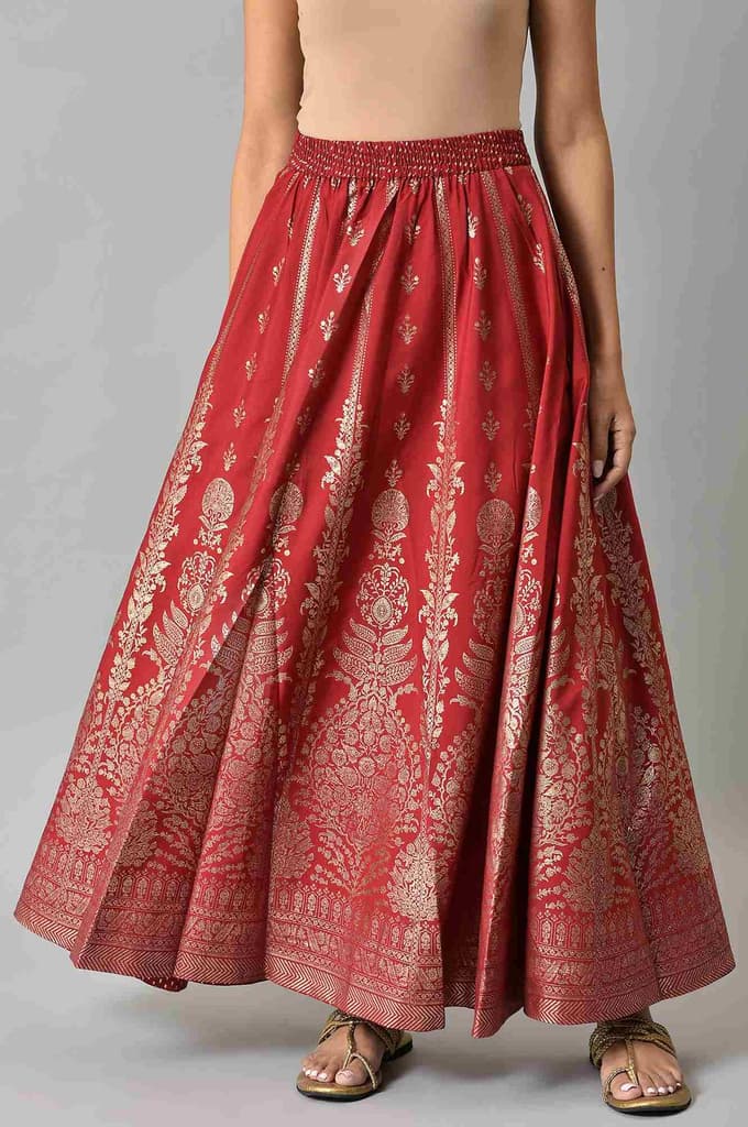 Maroon Floral Printed Flared Woven Skirt With Elasticated Waist